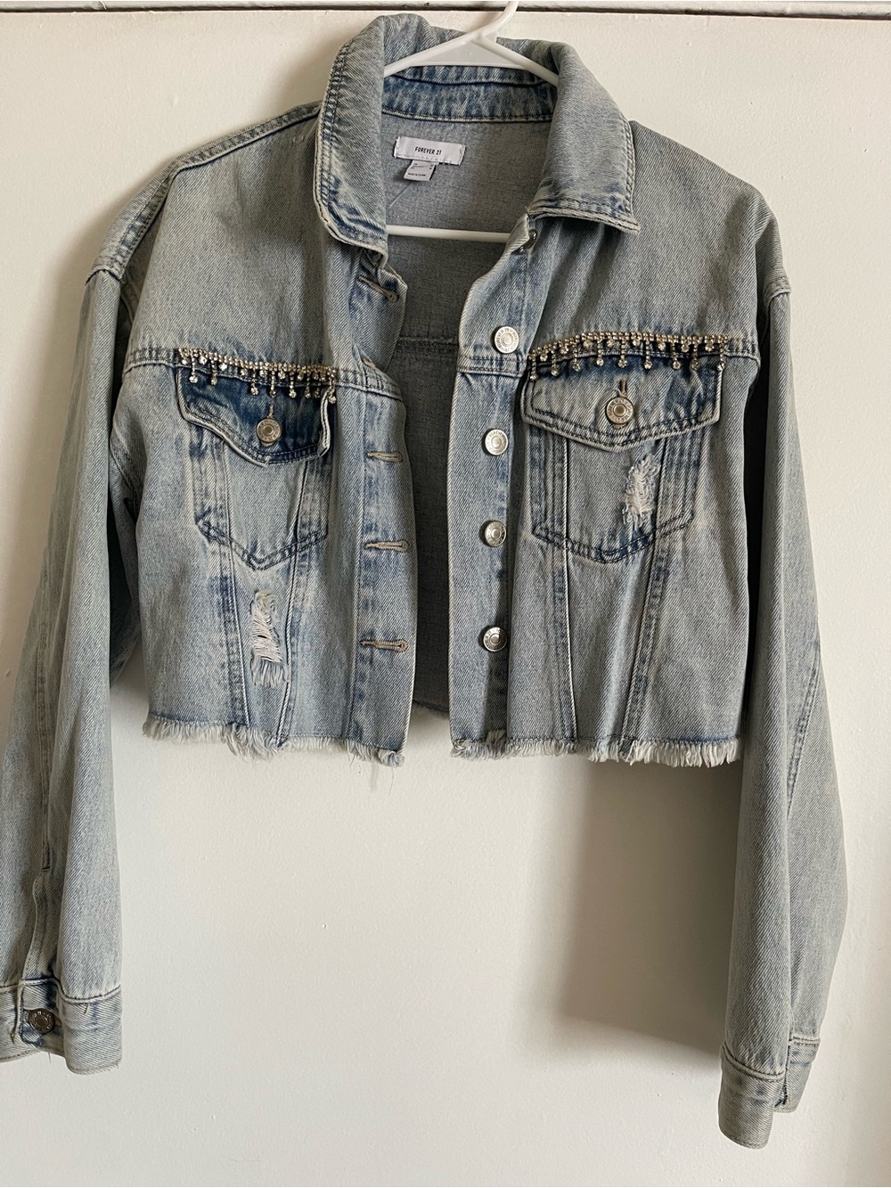 Forever 21 Light Blue Cropped Denim Jacket with Beaded Fringe